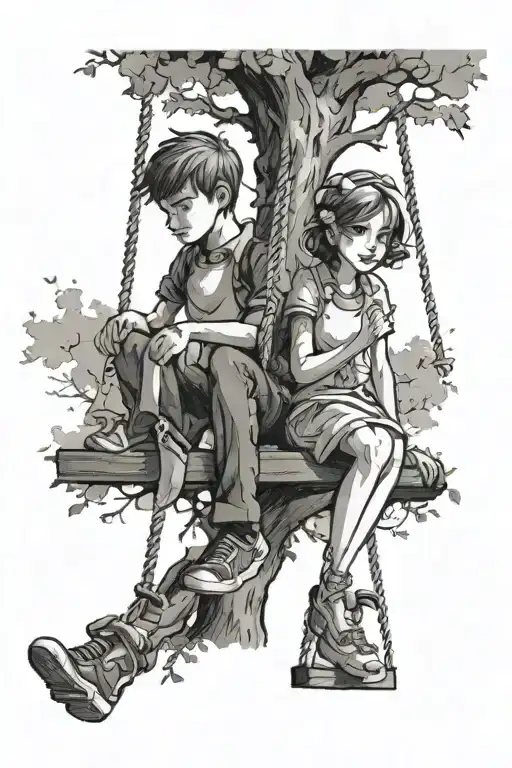 Boy And Girl On A Swing Hanging From A Tree