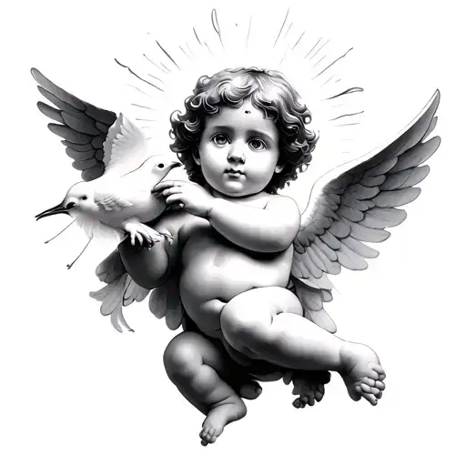 Cherub Holding Dove Sunlight Above