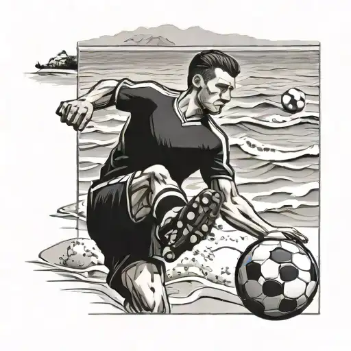 Create A Tattoo Featuring A Soccer Player Kicking A Ball On A Beach In Greece