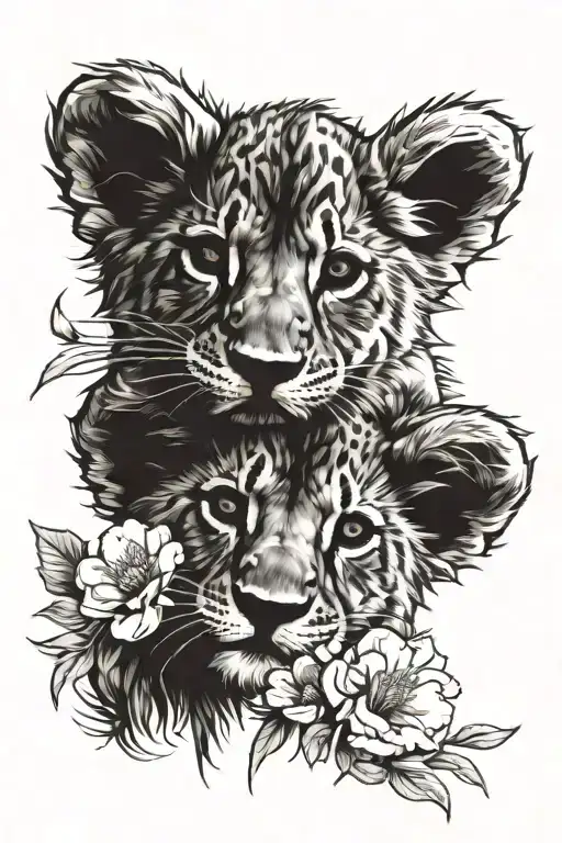 Lion Cubs With Lot Flower