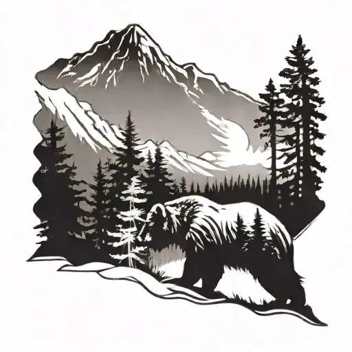 Silhouette Of A Bear With Pine Woods And Mountains In The Silhouette