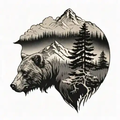 Pine Woods And Mountains Inside The Silhouette Of A Bear