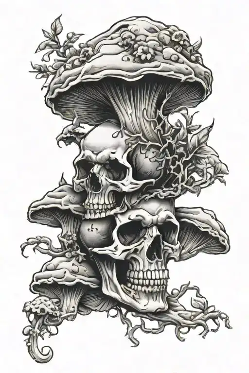 Skull And Mushrooms Growing