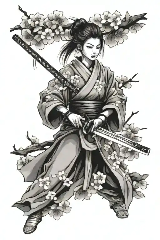 Samurai Girl Holding A Katana Swords Drawn Between Cherry Blossom