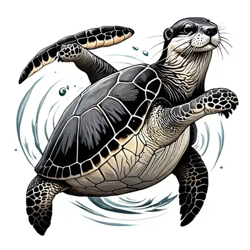 Sea Turtle And Otter Playing Together