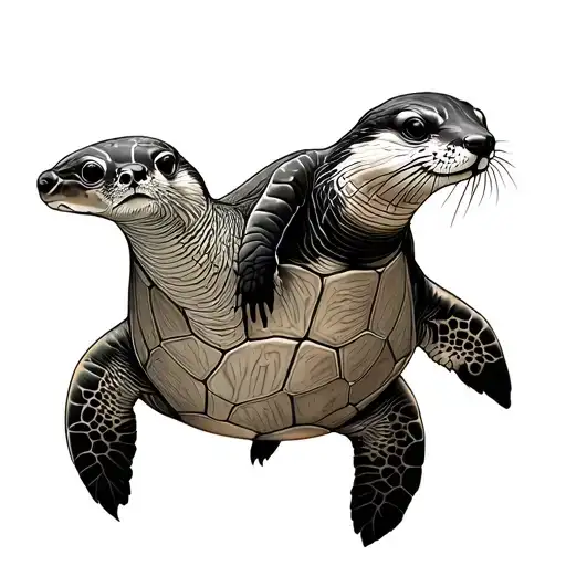 Sea Turtle Playing With An Otter