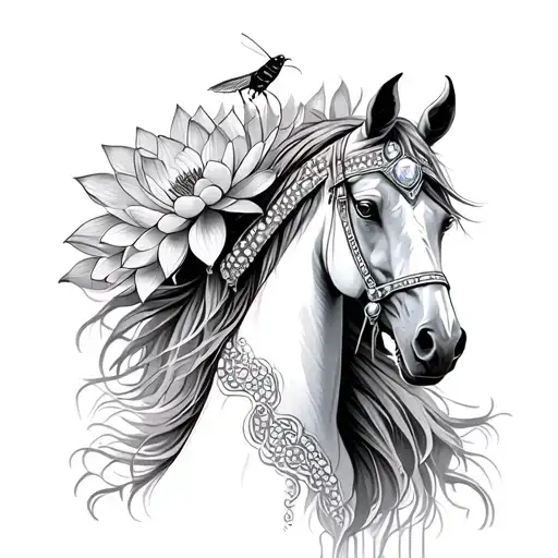 A Horse Wearing An Opal Studded Headdress With A Cricket Riding It Carrying Lotus Flowers