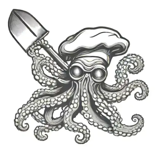 A Detailed Tattoo Of A Menacing Octopus Wearing A Chef's Hat And Holding A Spatula