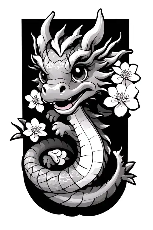 Kawaii Dragon With Cherry Blossoms Wrapped Together