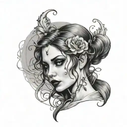 A Dark And Mysterious Tattoo Design Showcasing A Hauntingly Beautiful Woman In A Gothic Setting