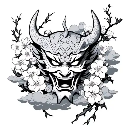 Oni Mask Demon With Cherry Blossoms And Clouds Surrounding