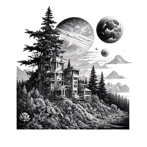 Sleeve Tattoo Featuring Nature Building Into A Space Scene At The Top