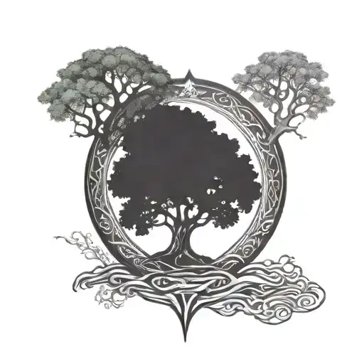 Yggdrasil Tree Tattoo With Nordic Scenery And Nordic Lights