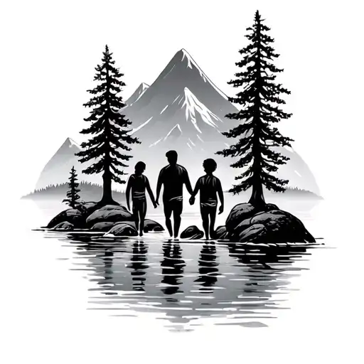 Family Of Four Walking In A River With Mountain And Trees