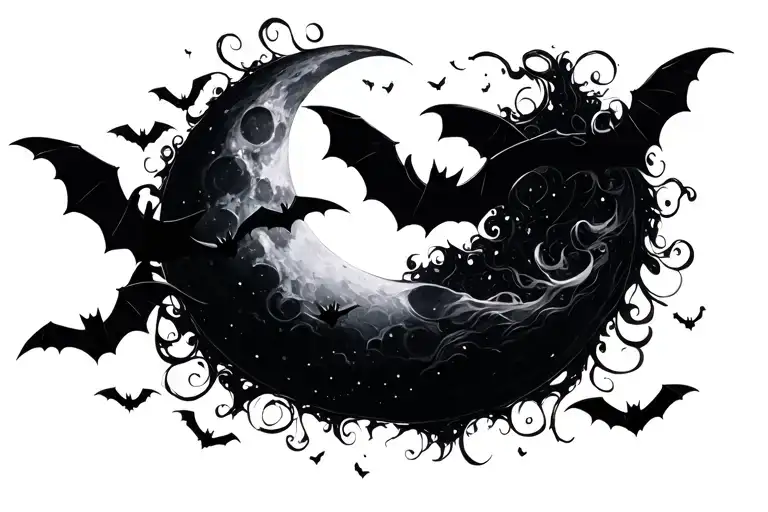 Crescent Moon And Bats Flying Across