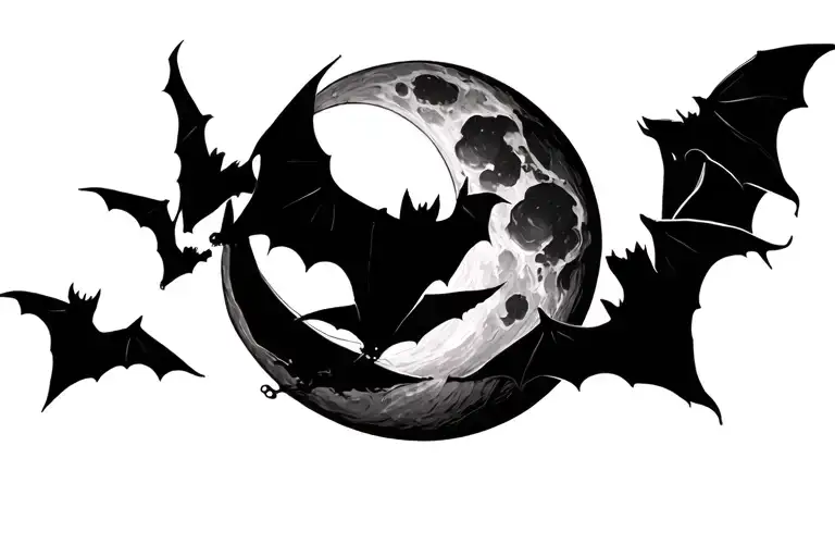 Crescent Moon And Bats Flying
