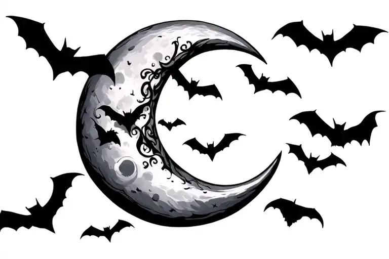 Crescent Moon And Bats Flying