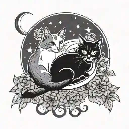 A Black Cat And A White Cat Sitting On A Crescent Moon That Has Dahlias Adorning It