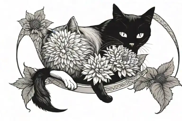 A Black Cat And A White Shorthair Cat Sitting On A Crescent Moon That Has Dahlias Adorning It