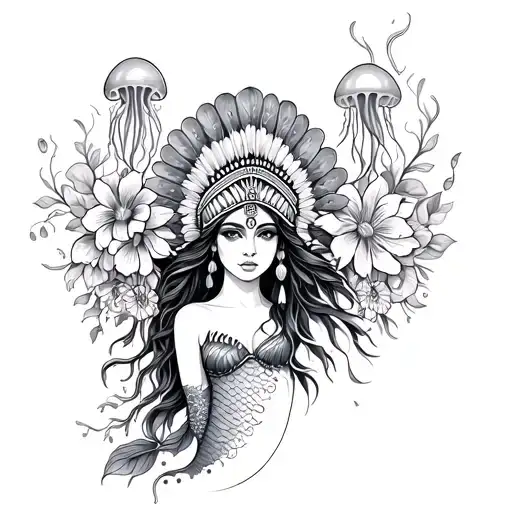 Mermaid With Indian Headdress With Jellyfish And Flowers