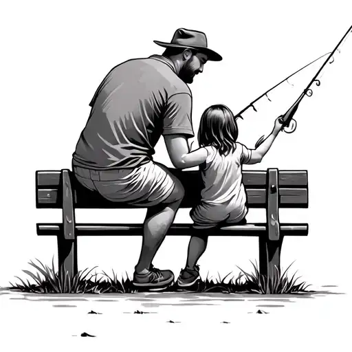 Father And Daughter On A Bench Fishing