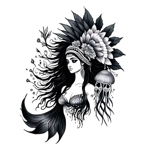 Long Tail Mermaid With Indian Headdress With Jellyfish And Flowers