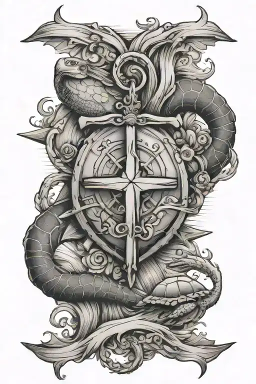 Cross Centered Around The Ocean With An Anchor A Wave And A Turtle