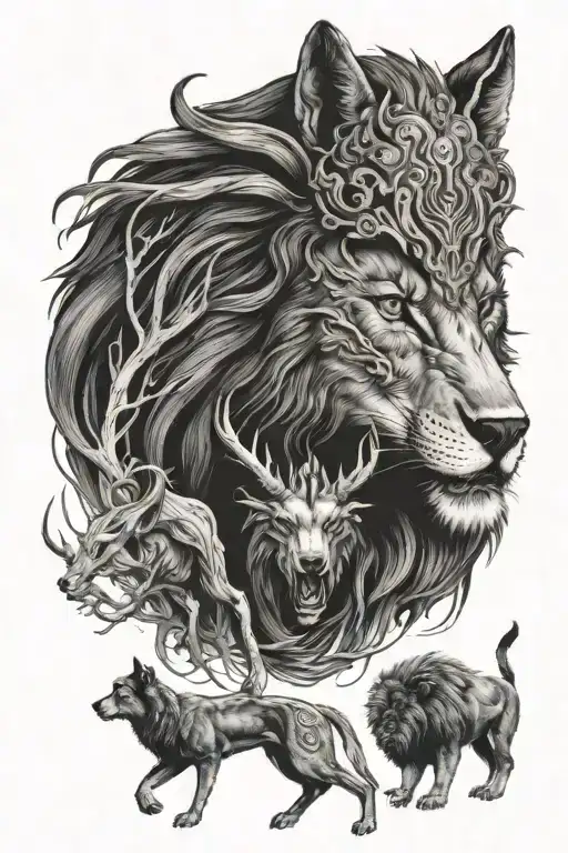 Picture Of Ahead Of A Deer Below There Is Head Of A Wolf And Under The Head Of A Lion