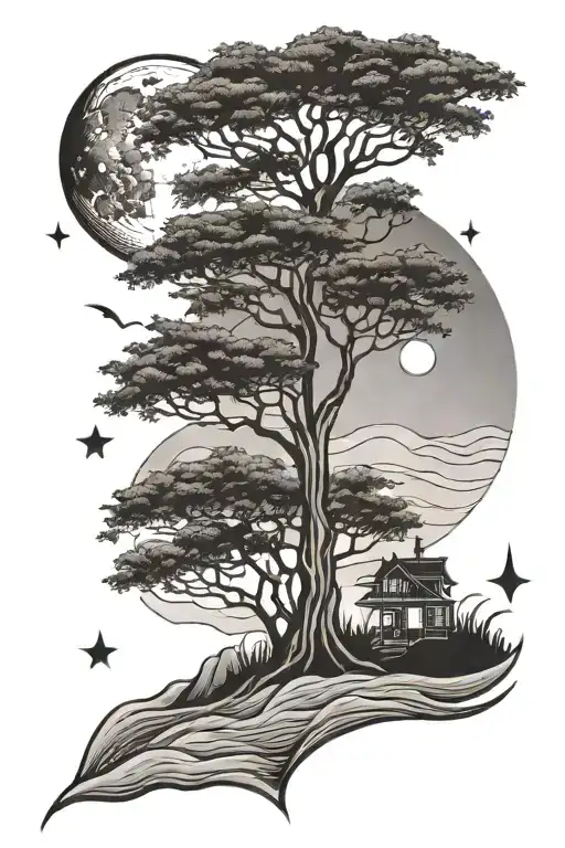 Diamond Outline With Waves And A Plam Tree With A Moon