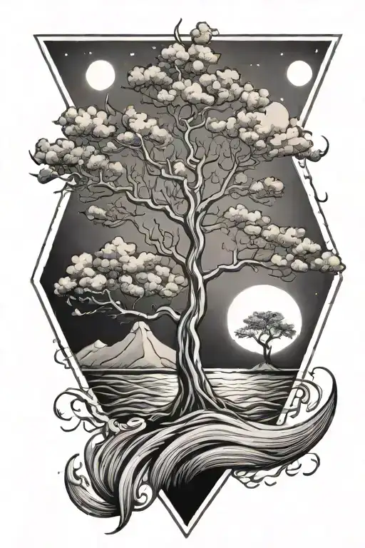 Diamond Outline With Waves And A Plam Tree With A Moon