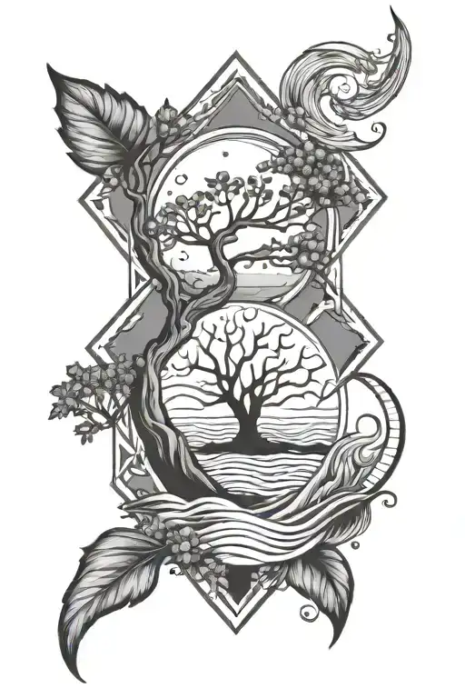 Diamond Outline With Waves And A Plam Tree With A Moon