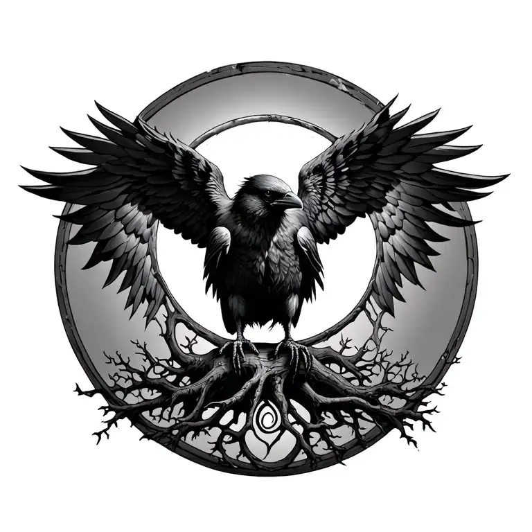 Raven With Its Wings Wrapped Around The Tree Of Life