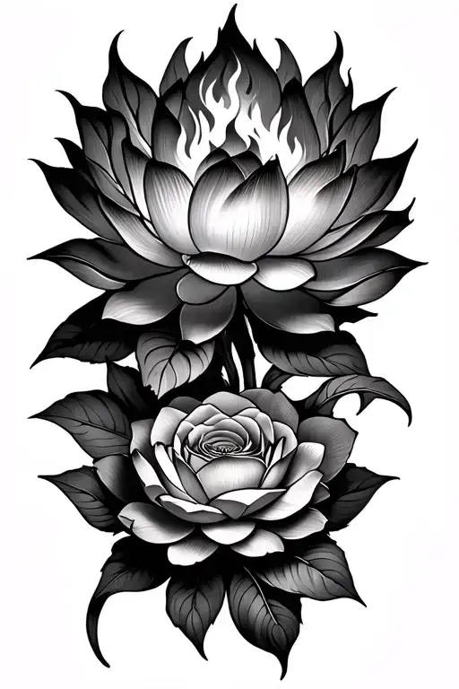 Lotus Flower And Fire Rose Unity Strength At Same