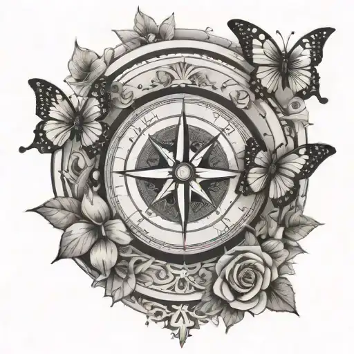 Compass With Roses And Butterflies With Compass Surrounding Africa