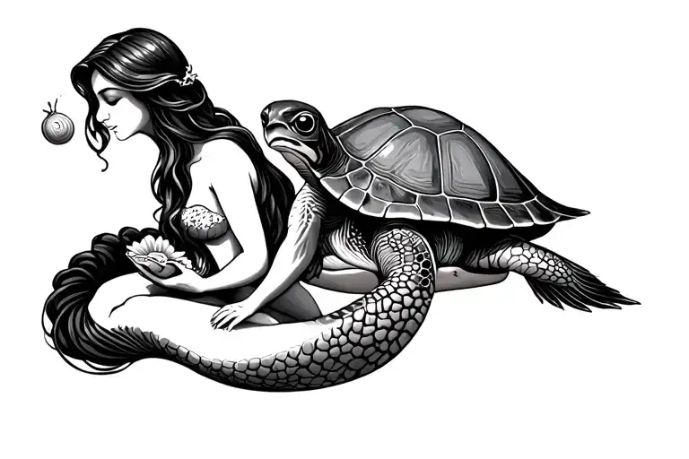 Turtle And Mermaid Sitting Holding A Sea Shell Staring Forward At The Sun Set