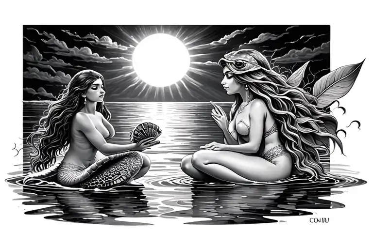 A Turtle And A Mermaid Sitting Holding A Sea Shell Staring Forward At The Sun Set