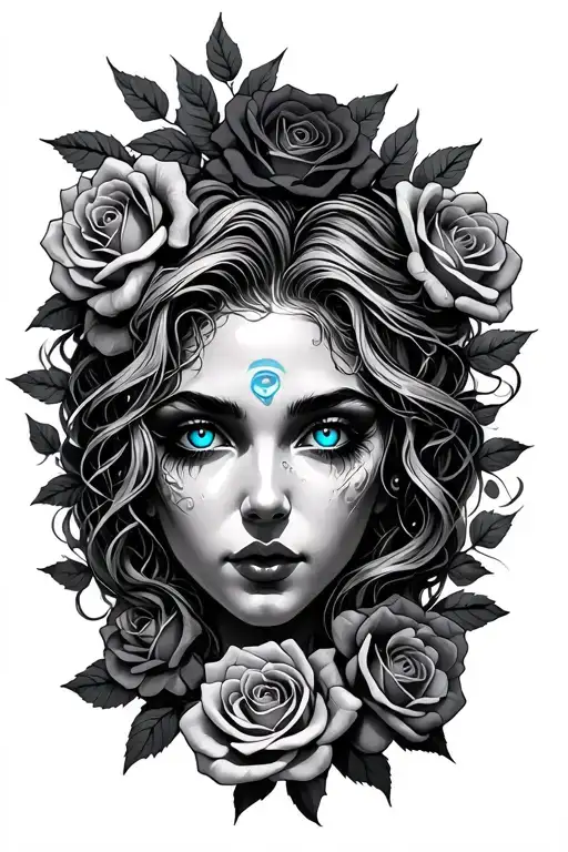 Madusa Face With Blue Eyes An Roses Surrounding