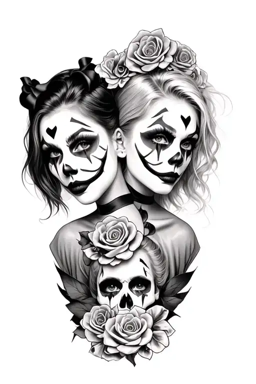 Two Girls With Clown Face Paint With Gambling Themed Tattoo With Skulls And Roses