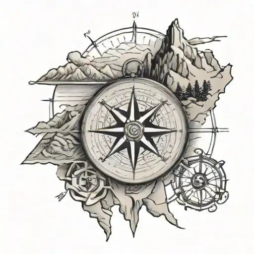 Oldschool Compass On A Map And Background Mountains