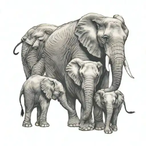 Mum Elephant With Three Babies