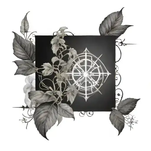 A Surreal Design Merging Quantum Particles With Tobacco Plants And Runic Script