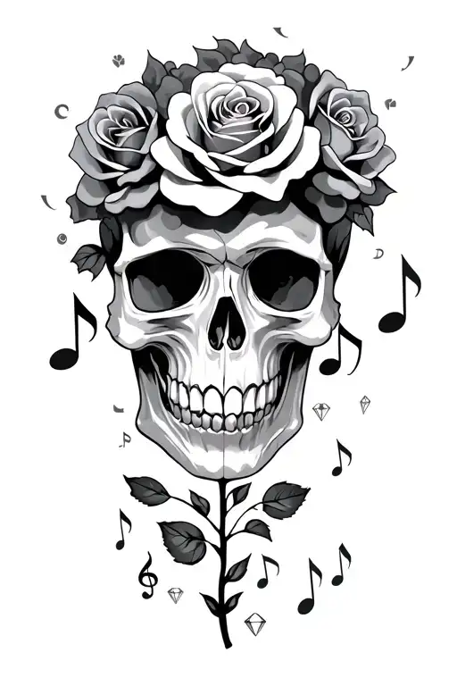 Black And Gray Skull And Roses Growing Outside With Storm Clouds Diamonds And Music Notes