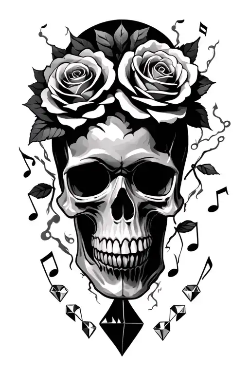 Black And Gray Skull And Roses Growing Outside With Storm Clouds Diamonds And Music Notes