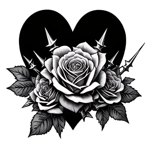 Gothic Themed Hearts With Spikes And Roses With Leaves