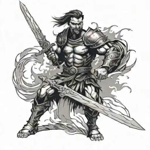 The Warrior Stands Straight With His Sword In Front