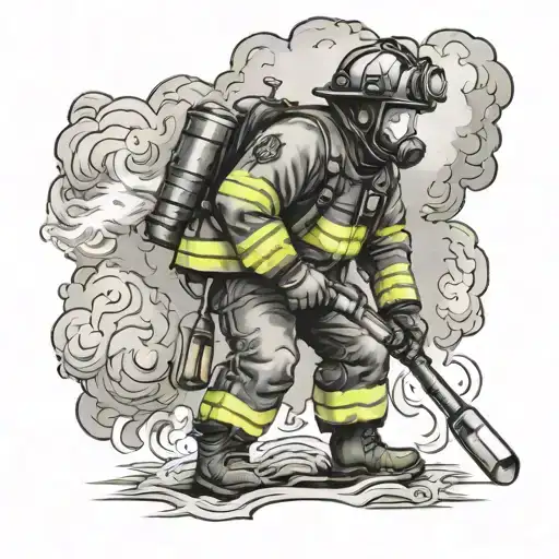 American Firefighter With His Back To You In Turn Out Gear Surrounded By Smoke