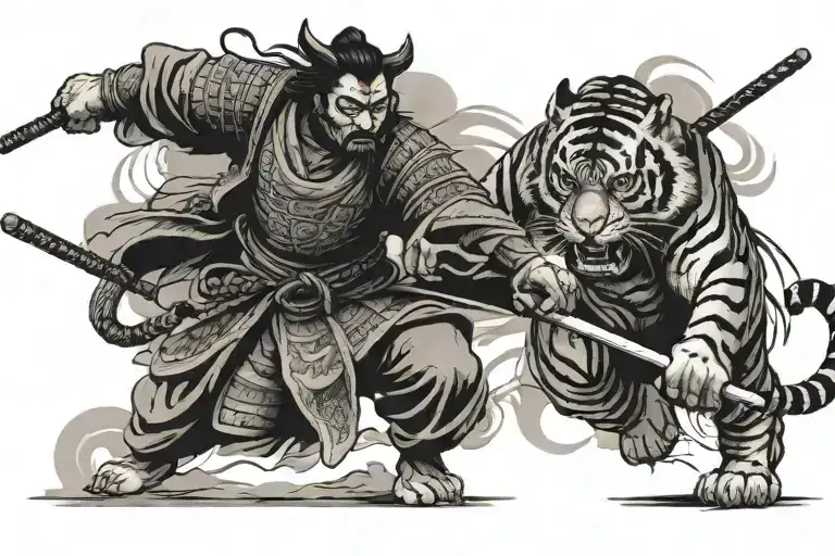 Samurai Fighting A Tiger Walking