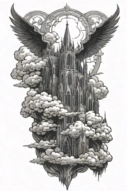 A Gothic Cathedral With A Demon Standing Above Clouds
