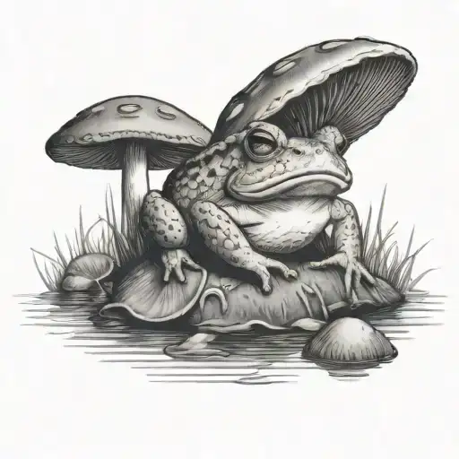 A Toad Sitting On A Mushroom Fishing On Pond