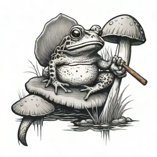 A Toad Sitting On A Mushroom Fishing With A Fishing Rod On A Pond